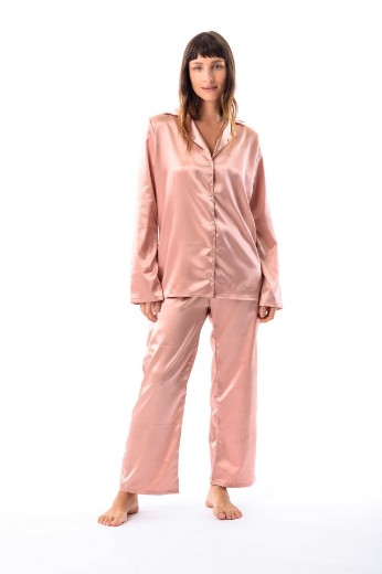 Imagen de Allegra - Pijama Largo Camisero de Seda Rosa