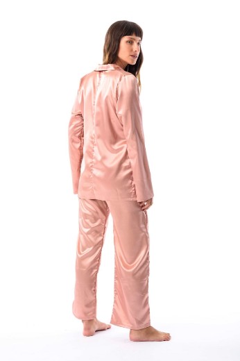 Imagen de Allegra - Pijama Largo Camisero de Seda Rosa