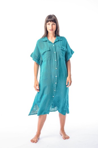 Imagen de Marga - Camisa de Lino Manga Corta Petróleo