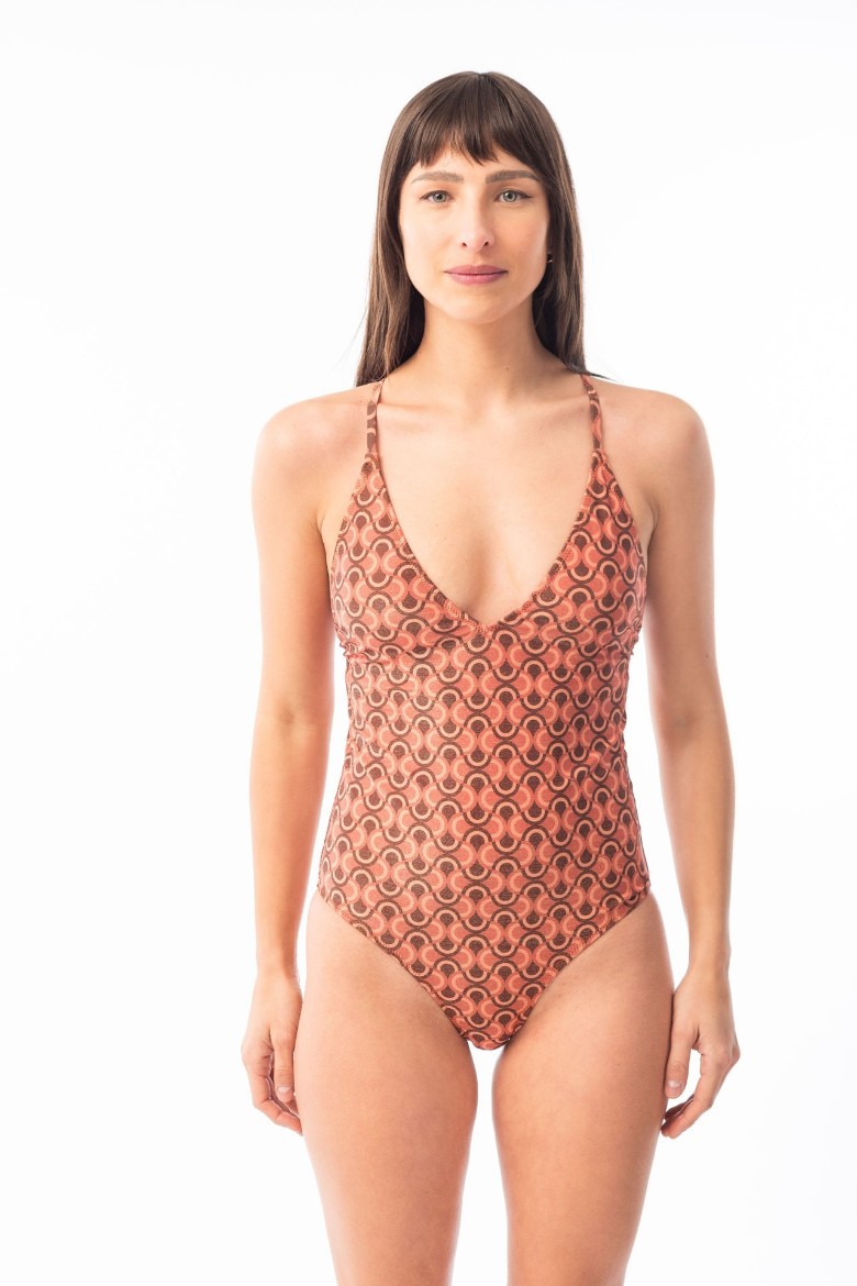 Imagen de Osaka- Malla Entera Escote V con tiras Estampada Terracota
