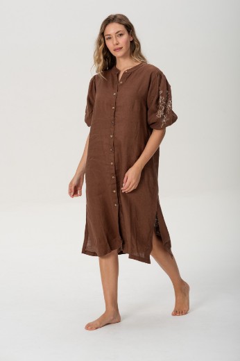 Imagen de Pampa - Vestido de Lino Bordado con Mangas Abullonadas Chocolate
