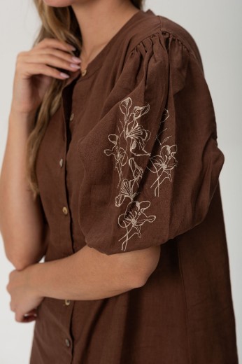 Imagen de Pampa - Vestido de Lino Bordado con Mangas Abullonadas Chocolate