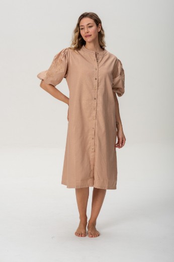 Imagen de Pampa - Vestido de Lino Bordado con Mangas Abullonadas Rosa Brillo