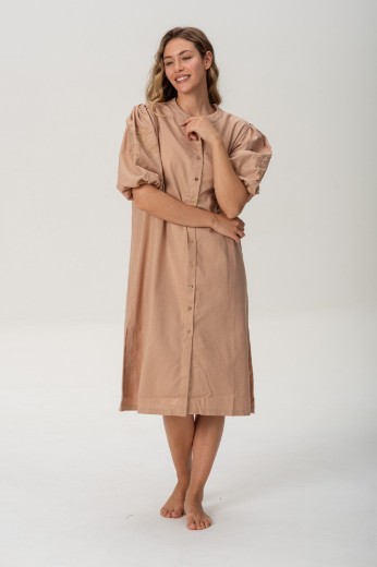 Imagen de Pampa - Vestido de Lino Bordado con Mangas Abullonadas Rosa Brillo