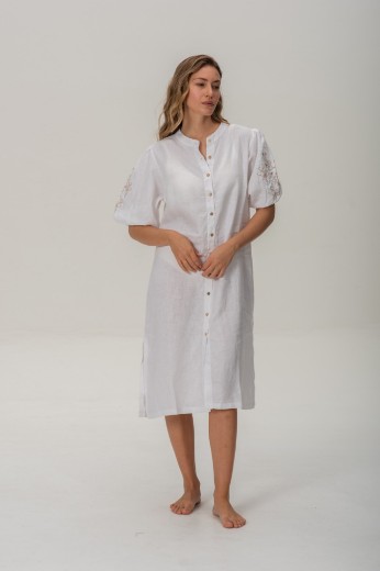 Imagen de Pampa - Vestido de Lino Bordado con Mangas Abullonadas Blanco