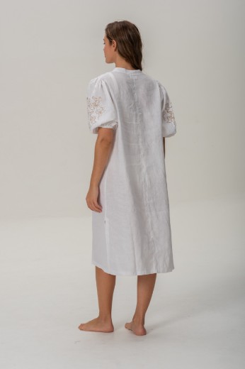 Imagen de Pampa - Vestido de Lino Bordado con Mangas Abullonadas Blanco