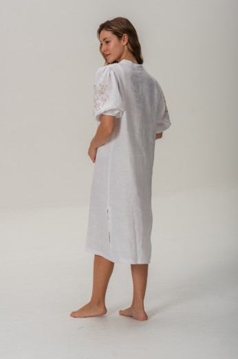 Imagen de Pampa - Vestido de Lino Bordado con Mangas Abullonadas Blanco