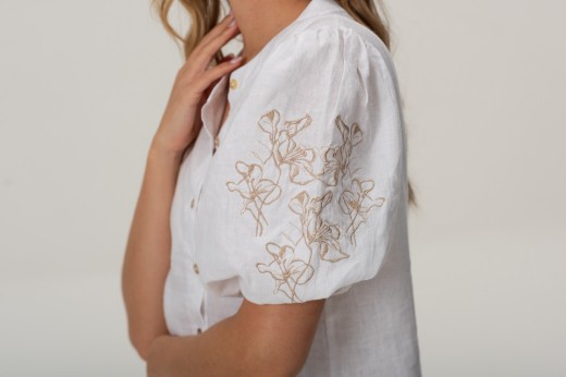 Imagen de Pampa - Vestido de Lino Bordado con Mangas Abullonadas Blanco