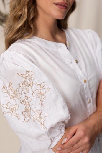 Imagen de Pampa - Vestido de Lino Bordado con Mangas Abullonadas Blanco