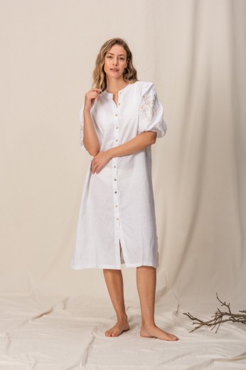 Imagen de Pampa - Vestido de Lino Bordado con Mangas Abullonadas Blanco