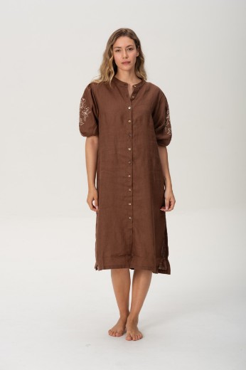 Imagen de Pampa - Vestido de Lino Bordado con Mangas Abullonadas Chocolate