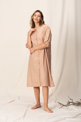 Imagen de Pampa - Vestido de Lino Bordado con Mangas Abullonadas Rosa Brillo