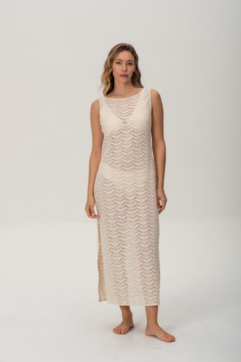 Imagen de Arena - Vestido Calado de Algodón Crudo