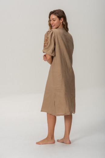 Imagen de Pampa - Vestido de Lino Bordado con Mangas Abullonadas Beige