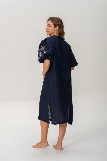 Imagen de Pampa - Vestido de Lino Bordado con Mangas Abullonadas Marino