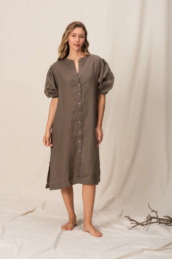 Imagen de Pampa - Vestido de Lino Bordado con Mangas Abullonadas Verde Oliva
